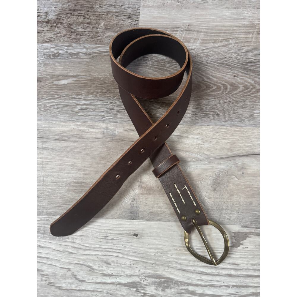 Vintage 90s Brown Leather Belt Oversized Brass Buckle Boho Western Artisan Large - Picture 3 of 5
